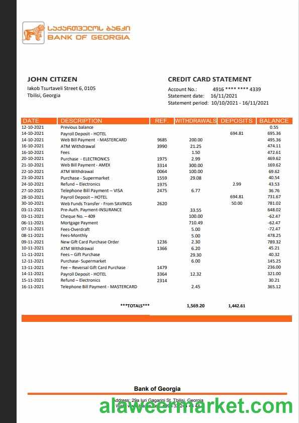 Georgia Bank of Georgia Bank statement template, Word and PDF format